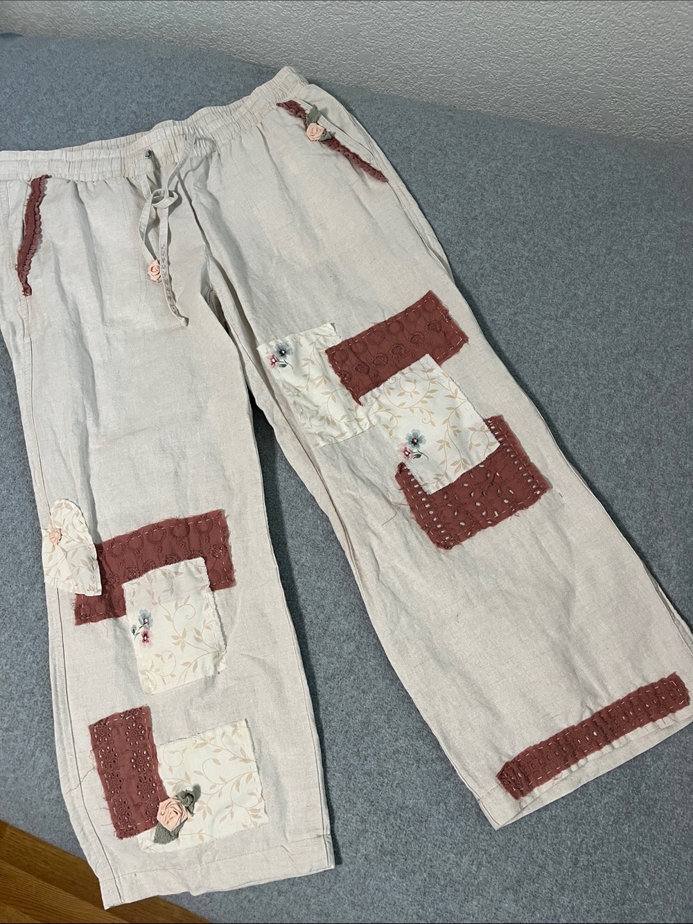 Boho Patchwork Linen Wide Leg Pants Large Ankle Crop Cottagecore OOAK Upcycled